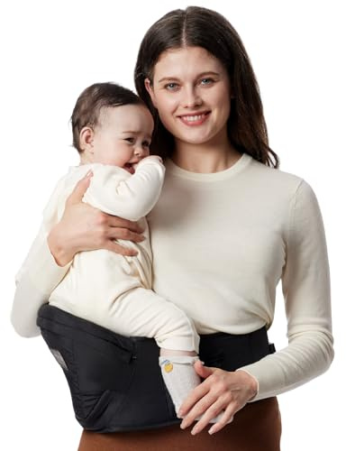 Momcozy Hip Seat Baby Carrier - Adjustable Waistband with Original 3D Belly Protector, Ergonomic Carrier with Various Pockets for Newborns & Toddlers up to 45lbs (Black, Large)