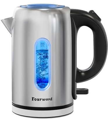 Fourward Schnellkoch Wasserkocher, 1.7 L 2200 Watt, Edelstahl kettle mit blauer LED, automatischer Abschaltung und Trockengehschutz