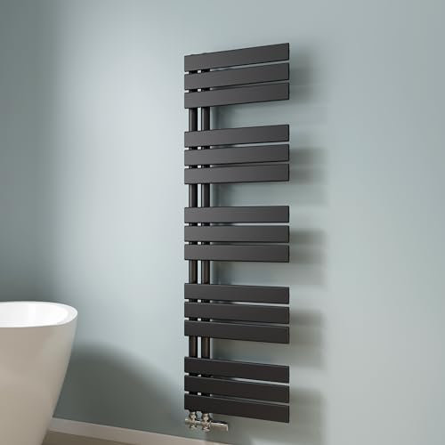 EMKE Scaldasalviette termoarredo piatto, Termoarredo da Bagno, 1320 x 400 mm, Nero colore, collegamento laterale, 570W, radiatore scaldasalviette ad acqua calda