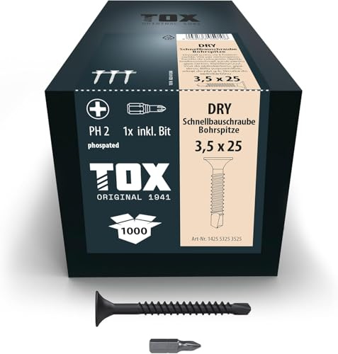 TOX Tornillos para tabiquería seca DRY BS 3,5 x 25 mm con punta de broca, magazinados para instalación con destornillador de cargador, 1000 piezas en una caja, 142553253525