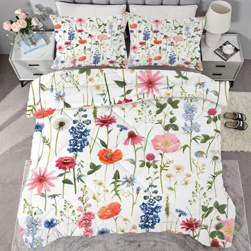buyluhn Bettdecke 135x200 Bunt Blumen, 4 Jahreszeiten Bettdecken Anlage Ohne Bezug Nutzbar, Kinder Steppdecke Microfaser Ganzjahresdecke，Waschbar Bettzeug mit 1 Kissenbezug für Sommer Winter