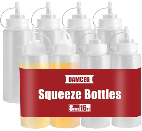 OAMCEG 16OZ Gewürz Squeeze Flaschen, 8 Stück 480ml Kunststoff Würzpressflaschen Squeeze Squirt Flasche mit Diskreten Messungen, Quetschflasche für Ketchup BBQ Saucen Sirup Gewürze