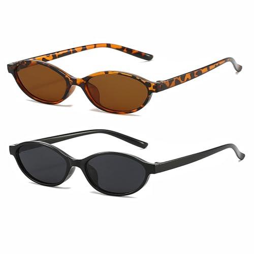 FSMILING 2Pack Small Retro Oval Cat Eye Sunglasses Womens Glasses Vintage Thin 90S Trendy Narrow Sunglasses for Womens Ladies