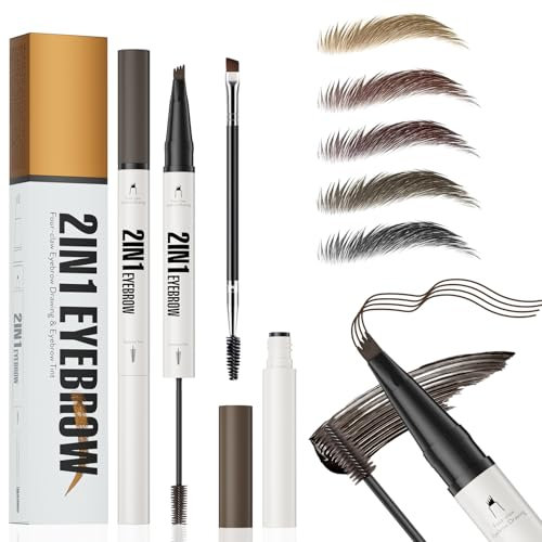 Eyebrow Pencil with Eyebrow Gel, 2-in-1 Microblading Eyebrow Pen and Brow Gel with 4 Fork Tip & Precise Brush-Tip for Fuller-Looking Defined Brows, 24H Wear, Waterproof & Smudge-proof, Brown