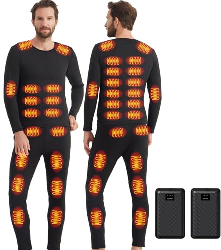 Ventouse Ensemble de sous-vêtements chauffants avec 2-Powerbanks: 3 niveaux de chauffage 42 zones de chauffage Hiver Hommes Pantalon chauffant et Top pour Moto Chasse Ski Camping d'hiver, Noir pour