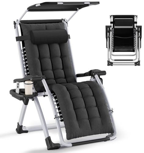 Huracan Sonnenliege Liegestuhl mit Dach, Gartenliege Wetterfest, Belastbar 200kg, Ergonomisches Polster, verstellbare Rückenlehne, mit Nackenkissen Getränkehalter Armpolster & Seitentasche, Schwarz