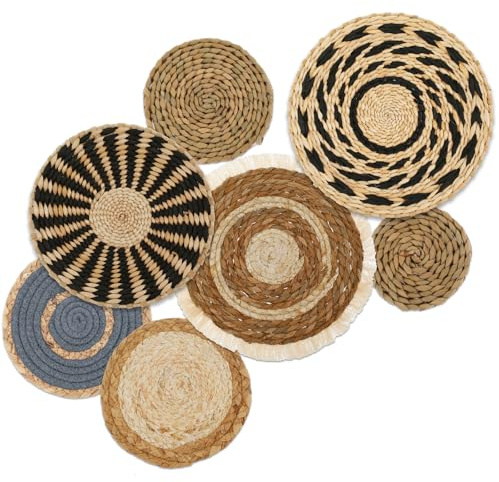 HuhWafee Juego de cestas de pared tejidas para colgar tapiz Boho, 7 cestas únicas hechas a mano en junco marino para granja, pared, mesa y más, listo para colgar con clavos