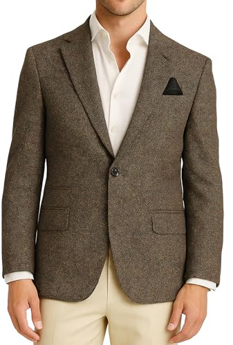 Mens Blazer Tweed Herringbone Brown Suit Jacket for Men Slim Fit One Button Business Casual Vintage Sport Coats X-Small