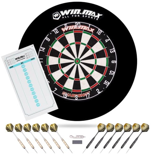 WIN.MAX Dartscheibe Kork Dartscheibe mit Pfeilen Offizielles Steeldartscheibe Dartscheibe Set 12 Dartpfeile Metallspitze,24 Flights (Dartscheibe mit Schutzring)