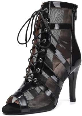 ZYXWVU Stivali da Ballo Latino Americano Donna Punta Aperta Allacciati Stivali da Ballo Salsa e Bachata con Tacco 9.5cm Nero Corvino, 40 EU