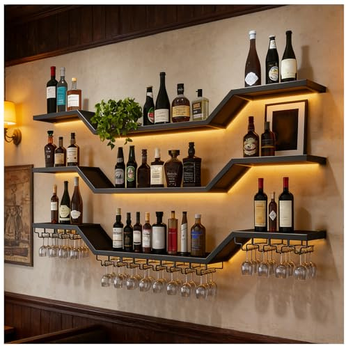 TAUODUYY 3-Tier LED Wall Mounted Wine Rack, Modern Floating Bar Shelves with Wine Glass Rack, 180cm Large Wine Storage Liquor, for Home Bar Dining Room Cafe Decorative (Black, 180cm)