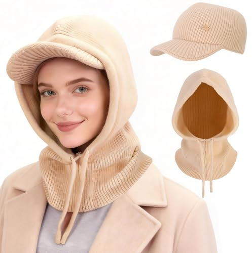 AYPOW Femme Bonnets et Écharpes Tricotés d'hiver, 3 en 1 Multifonctionnel Chaude Coupe-Vent Réglable Cagoule avec Écharpe Capuche, Casquette de Baseball Masque avec Cache-Cou pour Sports de Plein Air