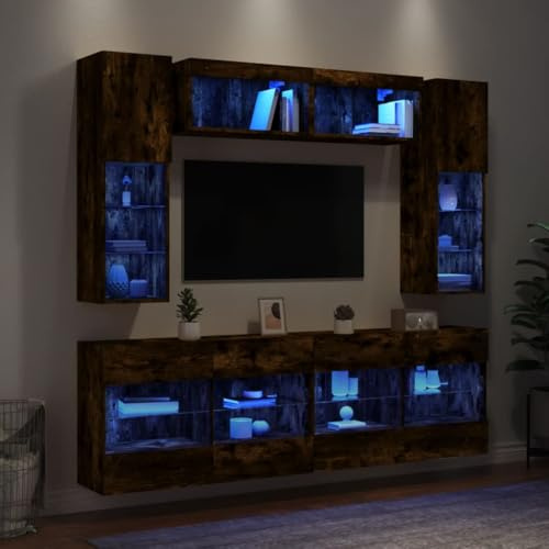 Ordellia 6-TLG. TV-vägg rökelser med RGB-LED-belysning, väggmontering, gott om lagringsutrymme, modern design för vardagsrum, medier och böcker