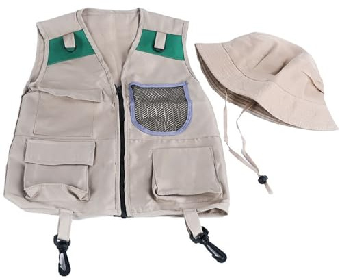 Otbushit Set costumi gilet da pesca per bambini, costume da guardiano dello zoo per bambini, gilet multitasche e cappello da pescatore per giochi di ruolo all'aperto e spettacoli teatrali