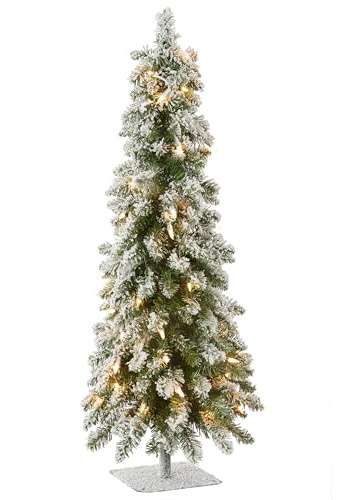 National Tree Company 3 ft Pre-Lit Flocked Downswept Forestree Mini Artificial Christmas Tree,50 Clear Lights, 198 Tips, Metal Plate Base, Green