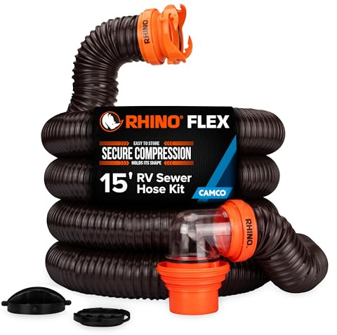 Camco RhinoFLEX 15' RV Sewer Hose Kit — Includes 4-in-1 Adapter, Clear Elbow, & Caps — Connects to 3″ Slip & 3″, 3 1/2″, 4″ NPT Threaded Sewer Connections (39770)