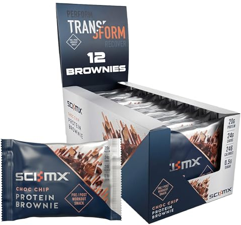 SCI-MX High Protein Chocolate Chip Brownie Box - 20g protein, 0.5g sugar + 246 calories per brownie - Pack of 12 x 65 g - Low Sugar - Pre / Post Workout Snack - No Palm Oil - Suitable for Vegetarians