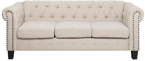 Beliani Sofá Chesterfield tapizado en Tela Beige Patas de Madera Oscura 3 plazas Estilo clásico Chesterfield