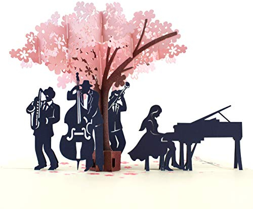 MOKIO® Pop-Up Karte – Jazz-Konzert unter blühendem Baum – 3D Geschenkkarte zum Geburtstag oder zur Hochzeit, Jubiläum, Jahrestag, Pensionierung, für Frauen & Männer