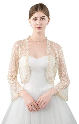 Central Chic© Womens Open Front Lace Shrug Bolero Cardigan For Weddings Brides Bridesmaids Evening Dresses (Champagne Ivory)