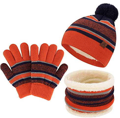 Invernale Bambino Berretto Cappello con Pompom Sciarpa ad Anello e Guanti, Termici Cappelli Berretti Scaldacollo in Maglia con Fodera in Pile per 2-7 Anni Bambina Bimbo