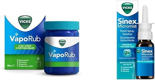 Vicks Bundle: VapoRub 100g + Sinex Micromist Decongestant Nose Spray 15 ml, Relief of Cough Cold & Flu Like Symptoms, Relieves 4 Cold Symptoms: Nasal Catarrh, Nasal Congestion, Cough & Sore Throat