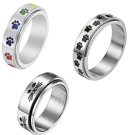 JewelryWe Mujer Hombre Anillo de Alivio de Ansiedad, Anillo de Huella de Mascota de Cachorro, Anillo Giratorio, Anillo Universal de Acero Inoxidable, Regalo para Amantes de Mascotas, 3 Piezas