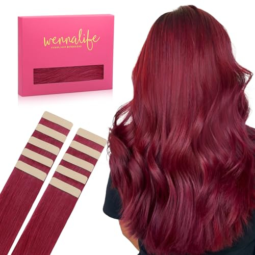 WENNALIFE Tape Extensions Echthaar, 35cm 25g 10 Stück Invisible Tape in Extensions Echthaar, Echthaar Extensions Tape, Haarverlängerung Echthaar, Remy Gerade Haarextension Echthaar #Burgund Rot