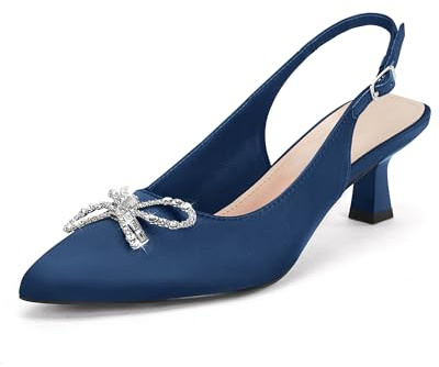 Coutgo Womens Kitten Heels Satin Pumps Slingback Pointed Toe Rhinestone Bow Wedding Dress Shoes, Navy, Size 8.5