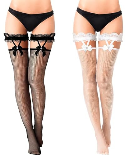 2 Paires de Bas Hauts avec Jarretelles à Nœuds - Bordure en Dentelle, Résille avec Maintien, Collants Sexy au-Dessus du Genou pour Femmes