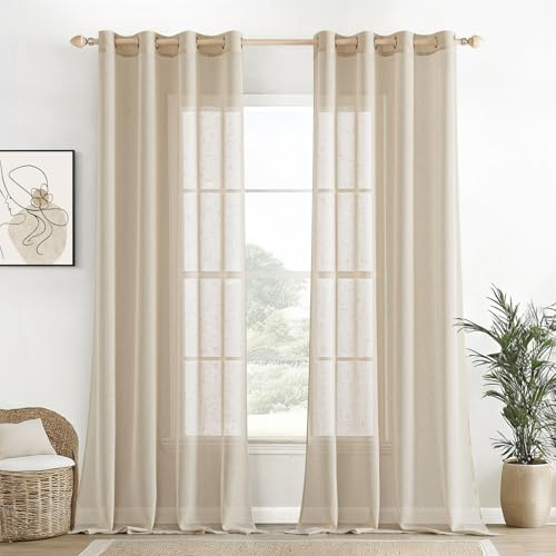 EMEMA Voile Vorhang Sheer Leinenvorhang Transparente Leinen Gardinen Ösenschal Wohnzimmer Wohnzimmer Modern 2er Set Fensterschal Dekoschal Schlafzimmer mit Ösen 140 x 245cm (B x H) Beige