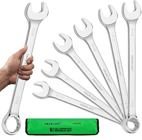 SAE Wrench Set, Large Wrench Set, 6-Piece 15/16, 1, 1-1/16, 1-1/8, 1-3/16, 1-1/4 Long Big Box End Wrenches Tools Set with Rolling Pouch, 12 Point Combination Wrenches Sets