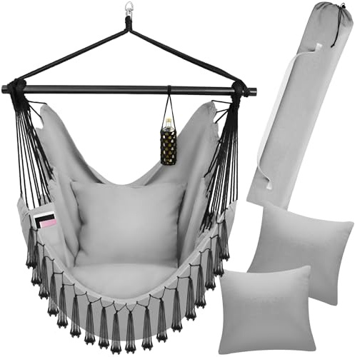 tectake® Silla Colgante Estilo Bohemio, Interior y Exterior, Cojines Extra Gruesos, Compartimento y Posavasos, Carga hasta150kg, Bolsa Transporte, Columpio Jardín, Hamaca, Sillón Balancín - Gris