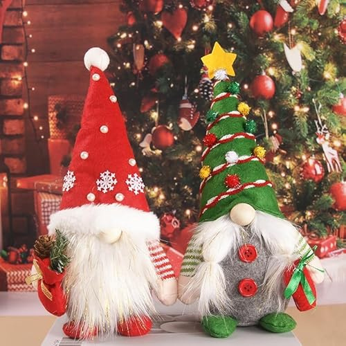 Christmas Gnomes Plush Decorations,Holiday Elf Handmade Santa Plush Gnom，Home Tabletop Ornaments Thanks Giving Day Gifts Swedish Decor Gnomes (Red+Green)