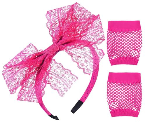 CWPFVQA 1 x Rosa Spetspannband med Spetsrosett och 1 Par Röda Rosa Meshhandskar, Neonhårtillbehör för Flickor, 80-tals Pannband, Sött Pannband med Rosett, Lämplig för Fest, Scenframträdanden