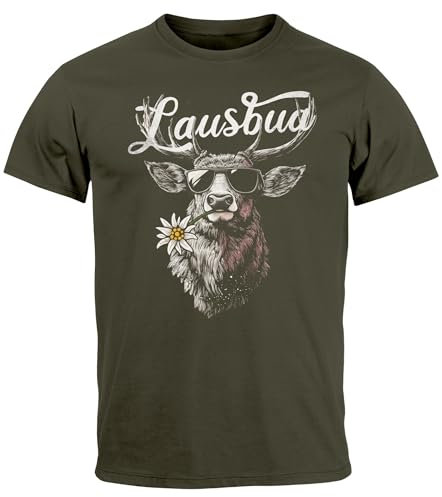 Neverless® Herren T-Shirt Trachtenshirt Hisch Alpen Edelweiß Schriftzug Lausbua Bayern Dialekt Fashion Army XL