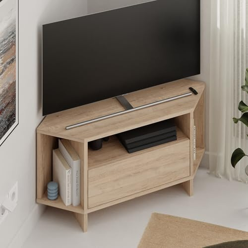 HOCUS PICUS Moderne Eck-TV-Einheit für bis zu 106,7 cm große Fernseher, Push-to-Open-Tür-TV-Aufbewahrungsschrank und 3 offene Regale, 95,7 (H) cm TV-Tisch für Wohnzimmer, Schlafzimmer (Eiche)