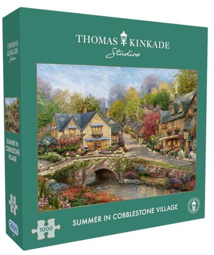 Gibsons Summer in Cobblestone Village 1000 Piece Jigsaw Puzzle – Beautiful Countryside Traditional Artwork - Thomas Kinkade Collection – Premium Sustainable Puzzle Made in the UK/EU
