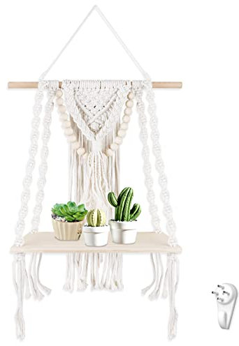 QZDAFFIC Macrame Wall Hanging Shelves, Wall Decor Woven Wooden Floating Shelves, Boho Decor Handmade Plant Shelf Display Shelves Storage Organiser for Bedroom Nursery Living Room Home