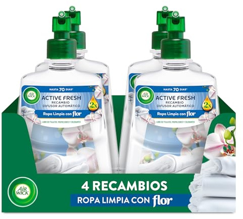 Air Wick Active Fresh Spray Automatico Sin Aerosol - Ambientador para casa con aroma a Ropa Limpia con Flor - Pack de 4 Recambios (228mlx4)