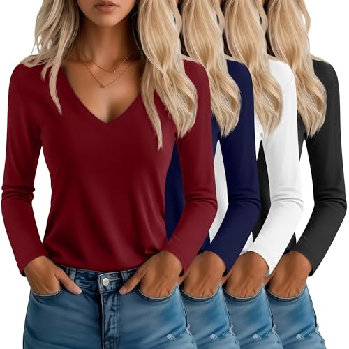 Neer 4 Pack Women's T-Shirts V Neck Long Sleeve Casual Tops Loose Fit Basic Layering Shirts Straight Hem Plain Soft Tees(Black, Navy Blue, Wine Red, White,Medium)