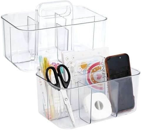 2 organizadores de cestas con asa, cesta de plástico multiusos con 5 compartimentos, caja de almacenamiento transparente para oficina, baño, cocina, escuela, suministros de arte (transparente)