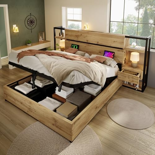 Sapgaks Lit 160x200 avec Sommier USB C et 2 Tables de Chevet Tiroirs, Lit Coffre 160x200 avec Rangement et Tete, Double Hydraulique avec à Lattes 2 Personnes, Rembourré Cadre de Bois(sans Matelas)