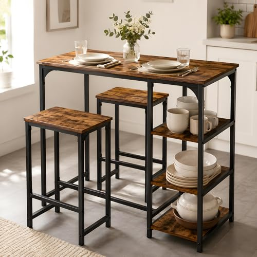 GOKHOMX Table Haute avec 2 Tabourets de Bar Ensemble de Bar 90cm de Haut avec 3 Étagères Style Industriel Mange-Debout pour Cuisine Salon Gain de Place Marron et Noir 100x50x90cm