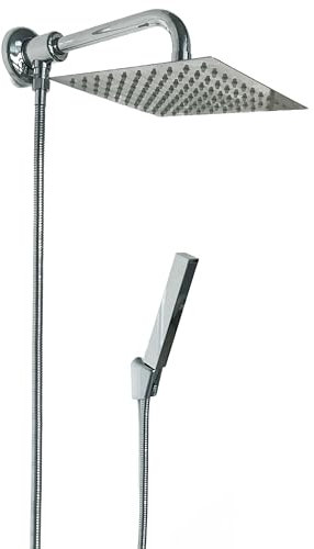 Set Doccia Completo con Deviatore Integrato in Ottone, Soffione e Doccetta Square in Acciaio Inox Cromato 20 cm, Braccio Doccia 25 cm e Flessibile 150 cm – Tutto Incluso per Bagno Moderno