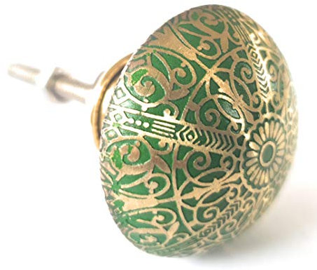 French Furniture Fittings Set of 6 Green Brass Patterned Knobs - Kitchen Cabinet Pulls for Cupboard Doors, Drawer Handles - Easy Install Vintage Shabby Chic 38mm Diameter - Round