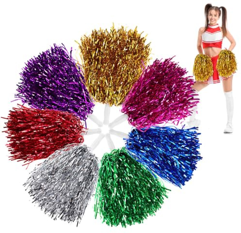 STOBOK 14Pcs Cheerleading Pom Poms Metallic Foil Cheerleader Pompoms with Handle for Sports Events Cheering Party Costume Accessories(Random Color)