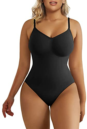 SHAPERX Bodysuit for Women Seamless Body Shaper Tummy Control Shapewear Thong Adjustable Strap, UK-SZ5215-Black-L/XL