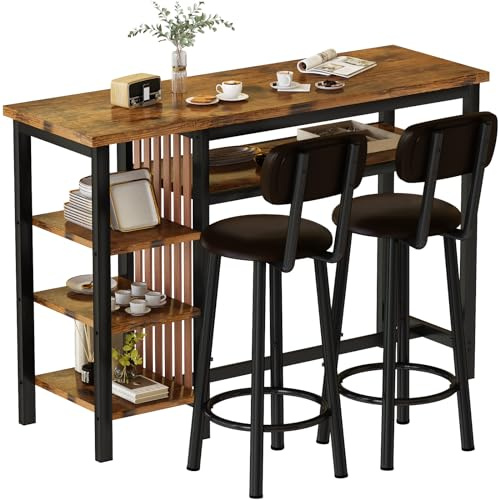 Recaceik 3 Piece Bar Dining Table Set, Modern Bar Table and Stools for 2, Kitchen Counter Height Dining Table Set with 4 Storage, Breakfast Nook Set Pub Table with Backrest