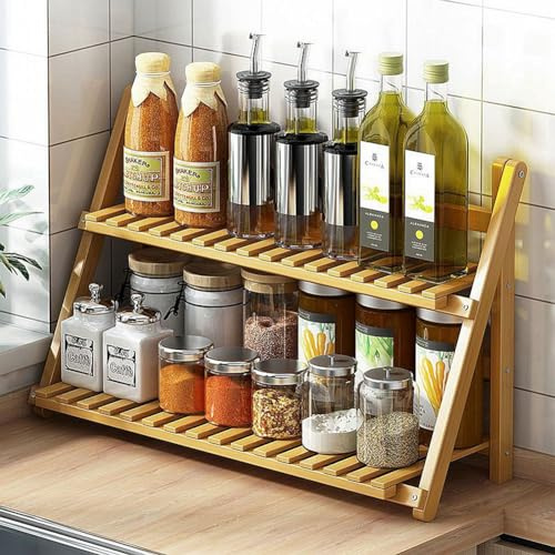 Dreamhousey Kitchen Storage Rack Household Countertop Spice Rack, 2-Tier Multifunctional Spice Rack Simple Modern Flower Rack Bamboo Wood (Wood Color, L)